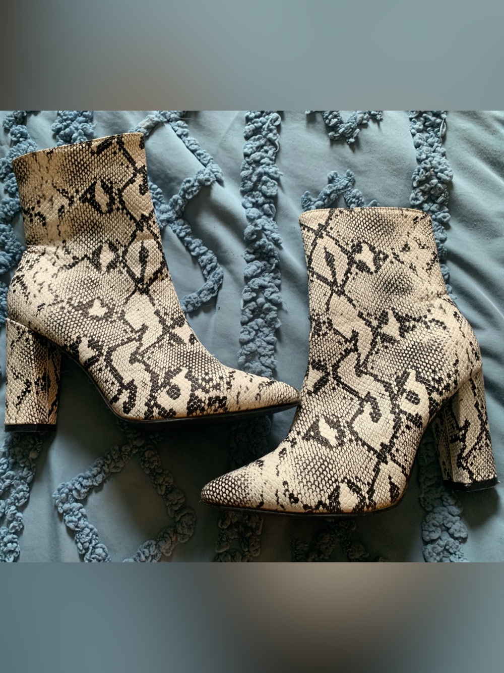Pointed Toe Snake-Print Heeled Boots - Black & White